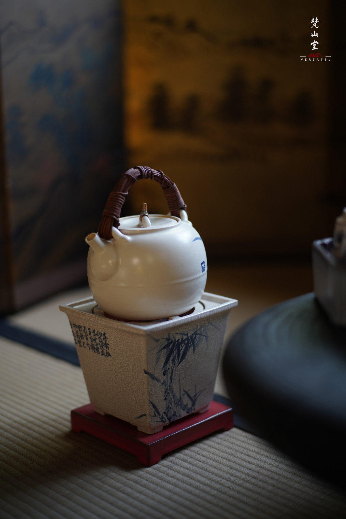 梵山堂青花竹叶诗文长乐四方炉X8