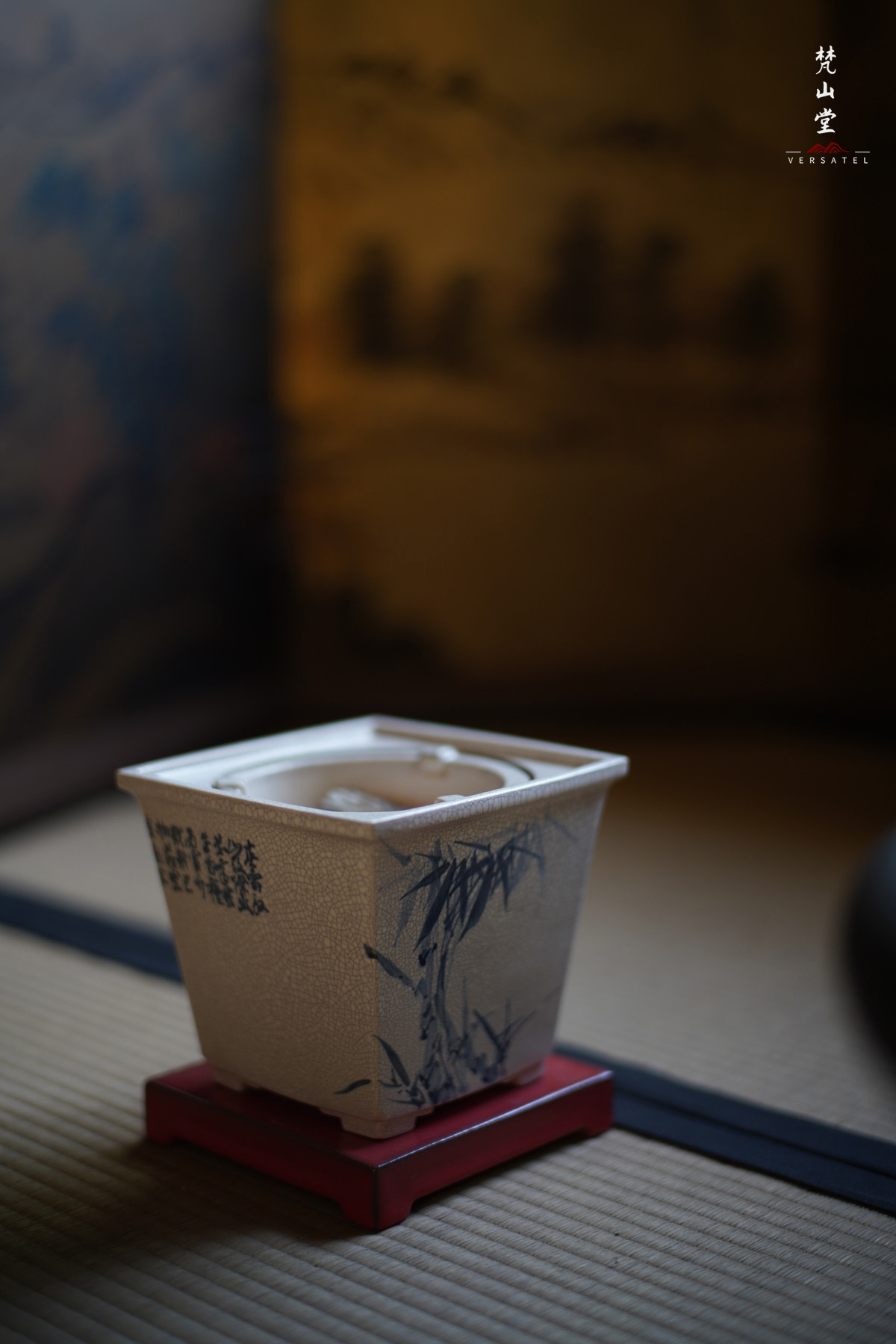 梵山堂青花竹叶诗文长乐四方炉X5