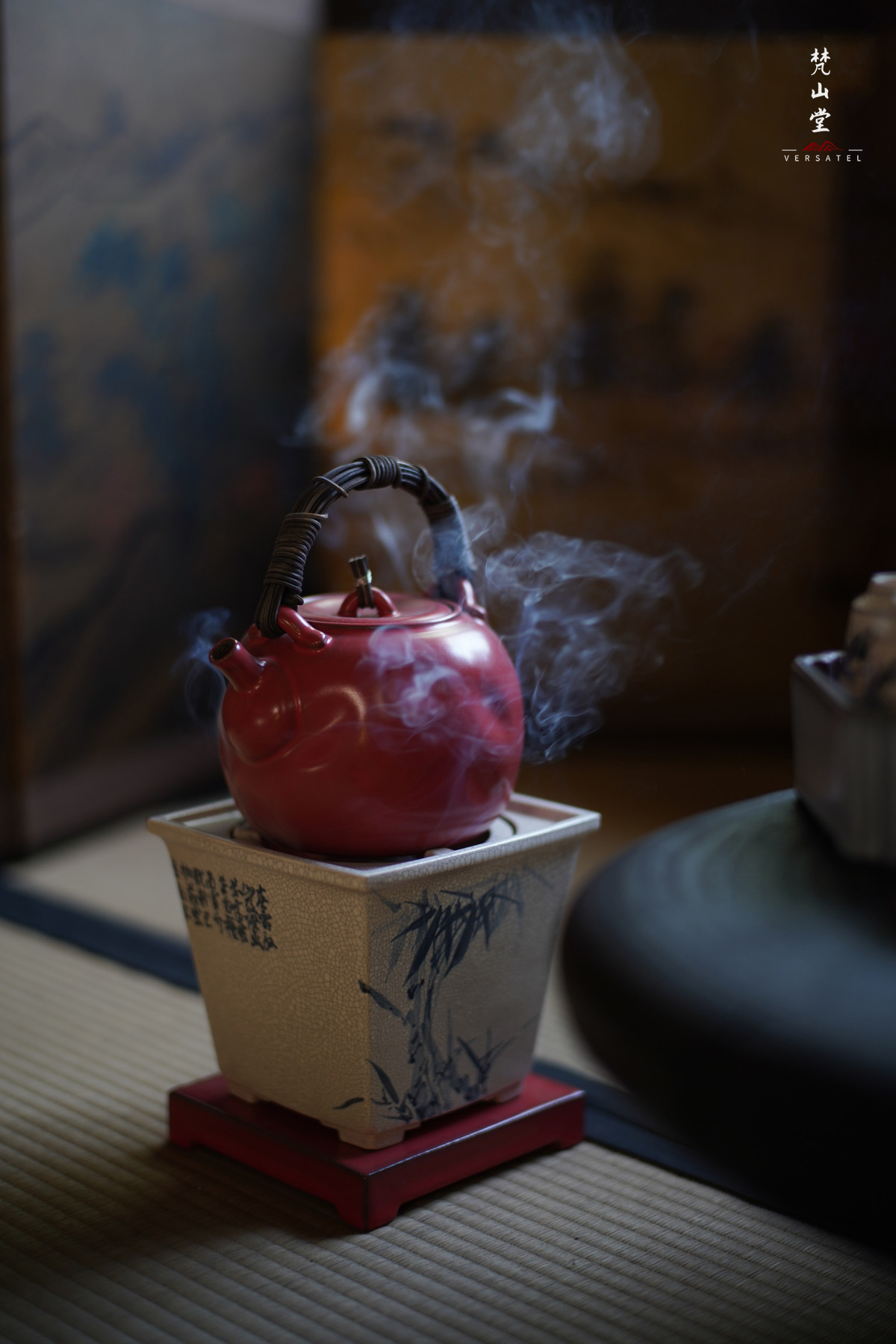 梵山堂青花竹叶诗文长乐四方炉X3