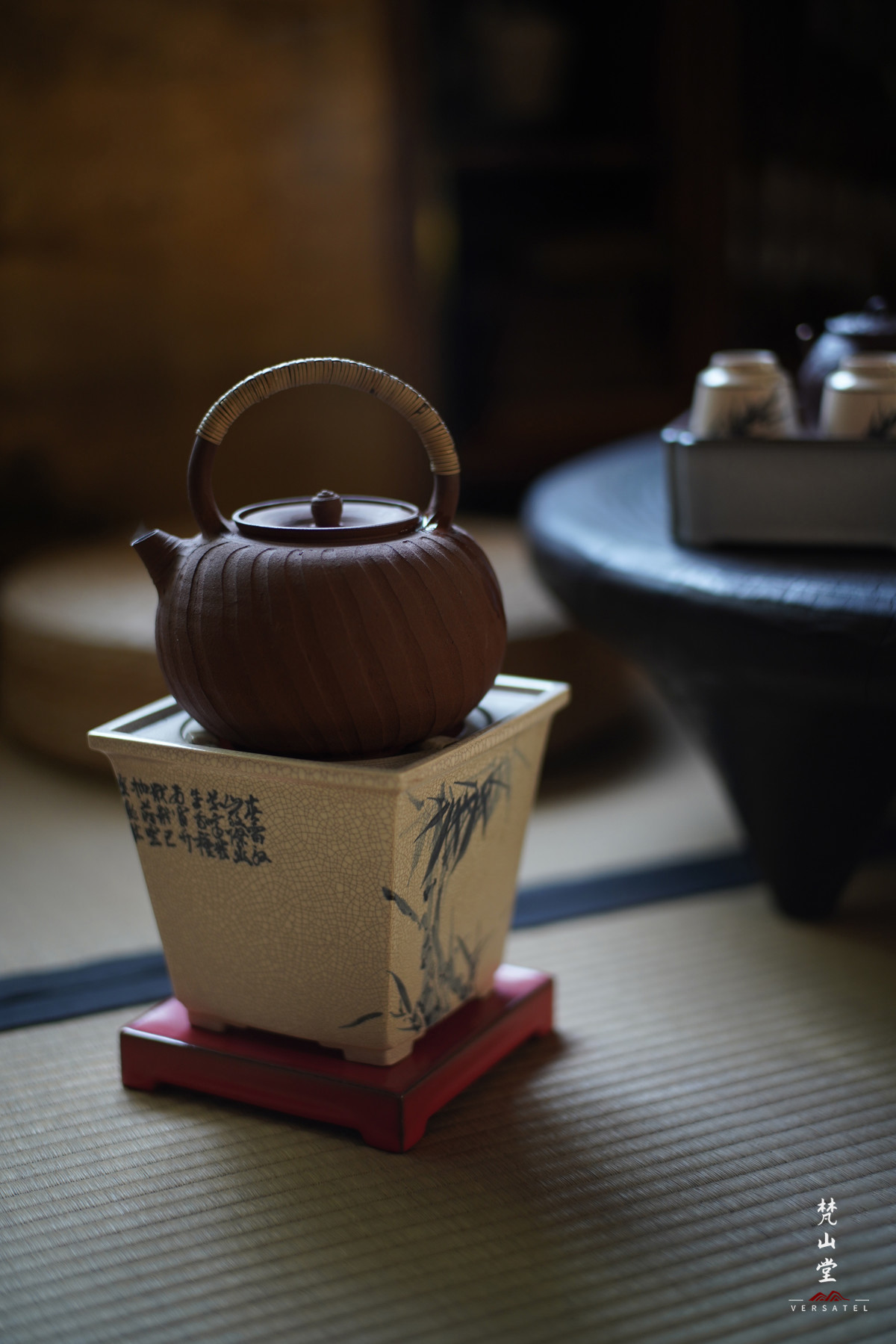 梵山堂青花竹叶诗文长乐四方炉X2